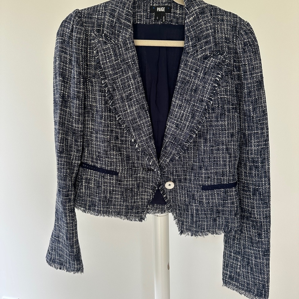 PAIGE Blue Cropped Blazer with Classic Lapel